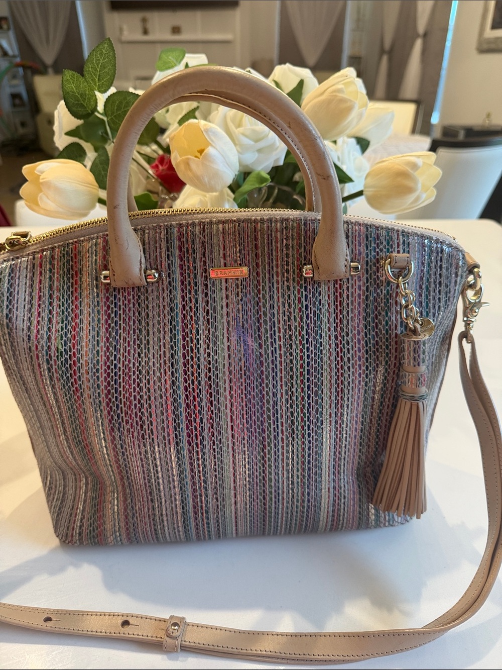 Brahmin Duxbury Multicolor Woven Satchel with Tan Trim and Tassel